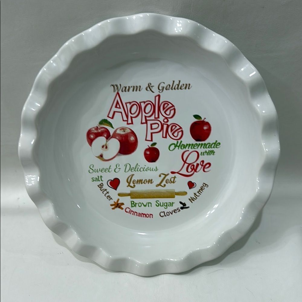 Apple Pie Ceramic Pie Dish 10 X 1 1/2 Inches Warm Golden White Red Fruit